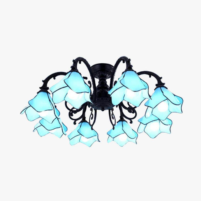 Lustre LED avec lampes en verre en forme de fleurs (bleu, rose ou jaune)