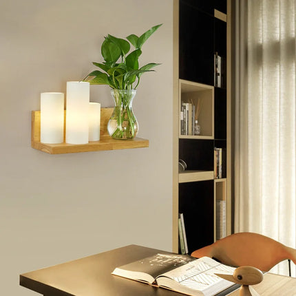 Applique murale nordique en bois avec abat-jour verre et LED plante verte — LZ4X9T1