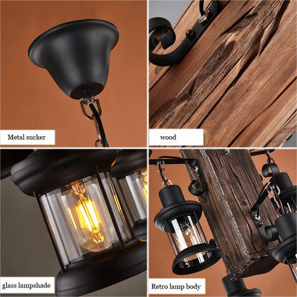 Suspension industrielle en bois avec abat-jour en verre décoratif — LZ4X9Q2