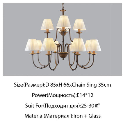 Lustre de pays européen et américain classique en fer forgé salon chambre lampe salle à manger tissu abat-jour lustre