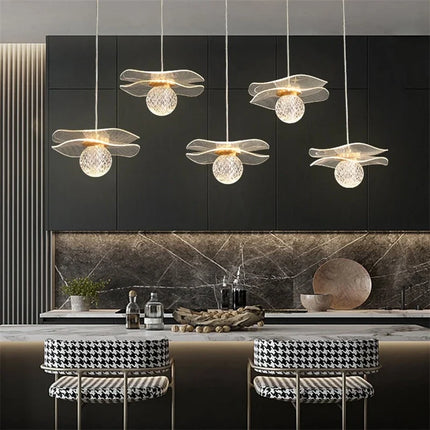Lustre moderne LED en acrylique et cuivre forme feuille de lotus — LZ7XQ2