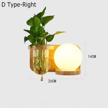 Applique murale nordique en bois avec abat-jour verre et LED plante verte — LZ4X9T1
