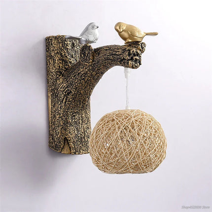 Applique murale chinoise en résine avec oiseaux et rotin décoratif — LZ4X9P