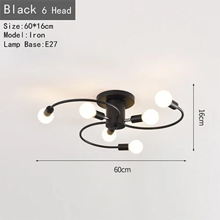 Plafonnier vintage 6 têtes en fer noir, blanc et doré rétro — LZQ7M2
