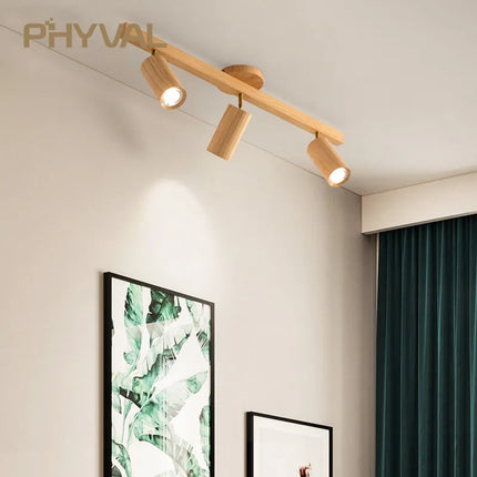 Plafonnier LED à spots sur rail style nordique en bois pour salon et magasin — LZ4X9T2