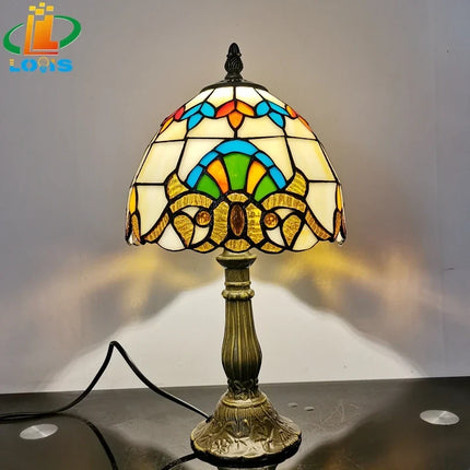 Lampe de chevet baroque en verre Tiffany et métal ancien — LZ4G7M9