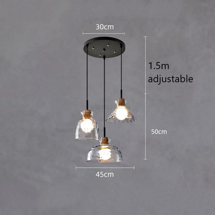 Suspension LED en verre grain d'eau et bois style nordique rétro — LZ4X9P