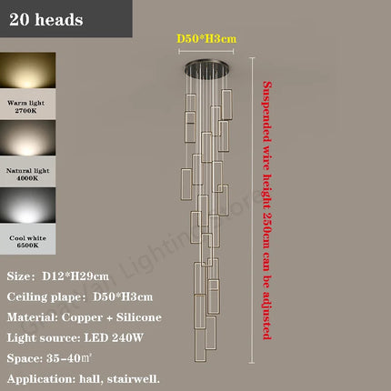Lustre LED rectangulaire moderne en cuivre pour escalier et loft — LZ4X9P