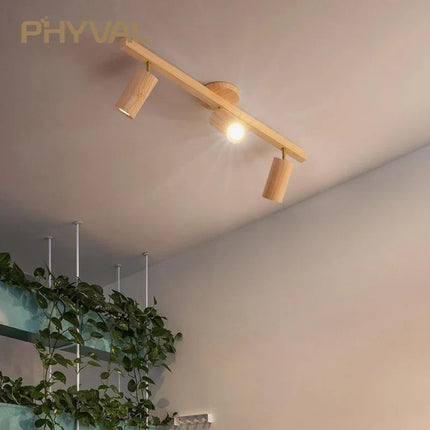 Plafonnier LED à spots sur rail style nordique en bois pour salon et magasin — LZ4X9T2