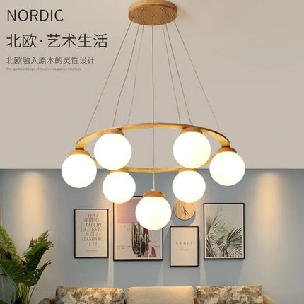 Suspension nordique en bois avec abat-jour en verre blanc — LZ4X9P2