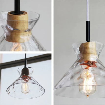 Suspension LED en verre grain d'eau et bois style nordique rétro — LZ4X9P