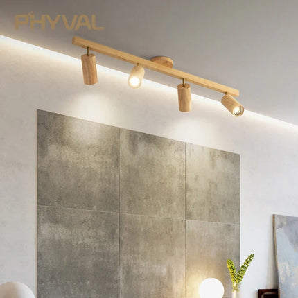 Plafonnier LED à spots sur rail style nordique en bois pour salon et magasin — LZ4X9T2