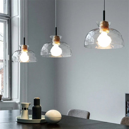 Suspension LED en verre grain d'eau et bois style nordique rétro — LZ4X9P