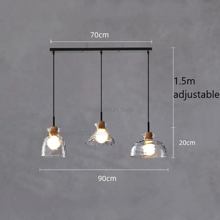 Suspension LED en verre grain d'eau et bois style nordique rétro — LZ4X9P