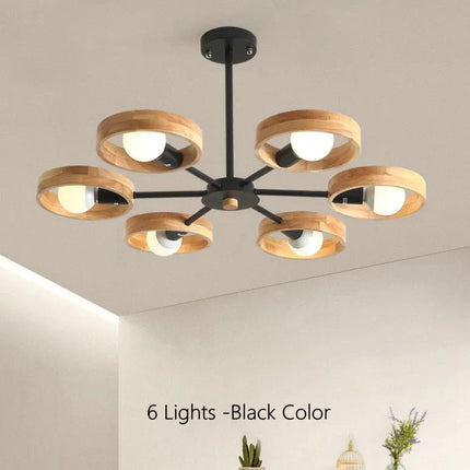 Lampe de lustre en bois nordique pour salon chambre salle à manger décor abat-jour en bois rond noir E27 Suspension