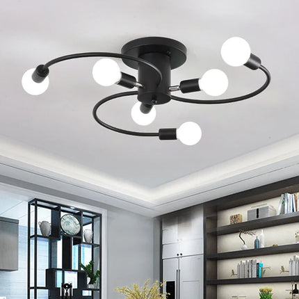 Plafonnier vintage 6 têtes en fer noir, blanc et doré rétro — LZQ7M2