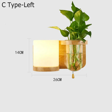 Applique murale nordique en bois avec abat-jour verre et LED plante verte — LZ4X9T1