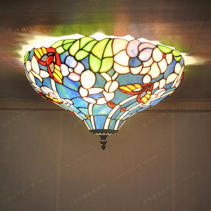 Plafonnier artisanal en verre avec fleurs et papillons style campagne rétro — LZ4X9T1