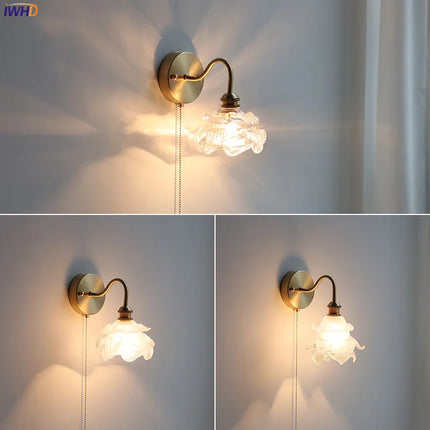 Applique murale fleur en verre avec chaîne interrupteur pour LED chambre et salle de bain — LZ4X9T