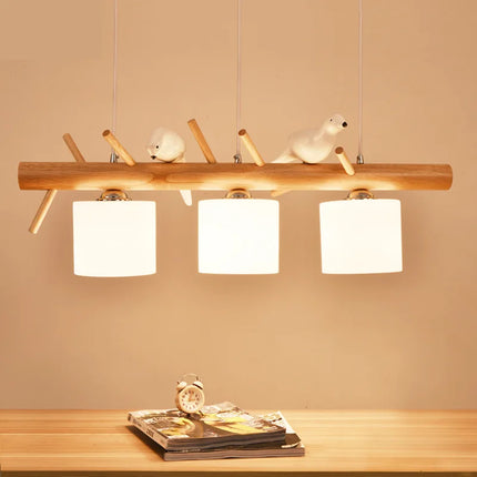 Lustre nordique en bois avec éclairage en verre oiseaux 2 ou 3 têtes — LZ4X9P