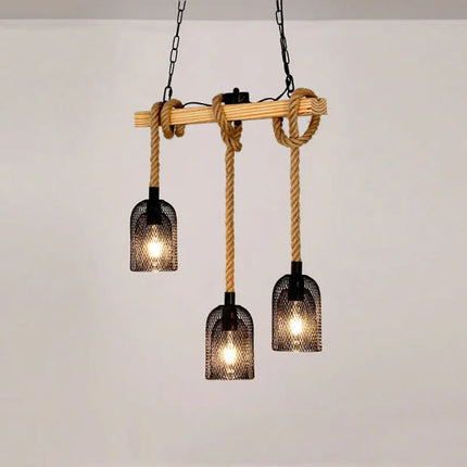 Lustre industriel à 3 têtes en bois et corde de chanvre — LZ4X9M