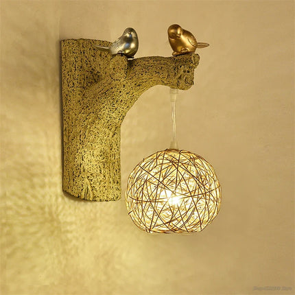 Applique murale chinoise en résine avec oiseaux et rotin décoratif — LZ4X9P