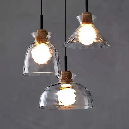 Suspension LED en verre grain d'eau et bois style nordique rétro — LZ4X9P