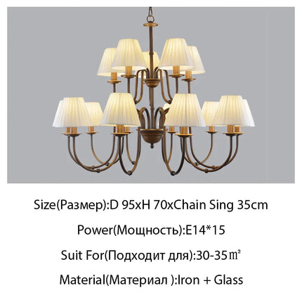 Lustre de pays européen et américain classique en fer forgé salon chambre lampe salle à manger tissu abat-jour lustre