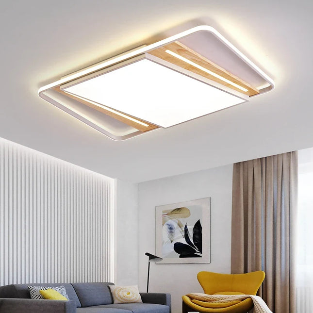Plafonnier LED carré style nordique en rondins et fer minimaliste — LZ4P9XJ