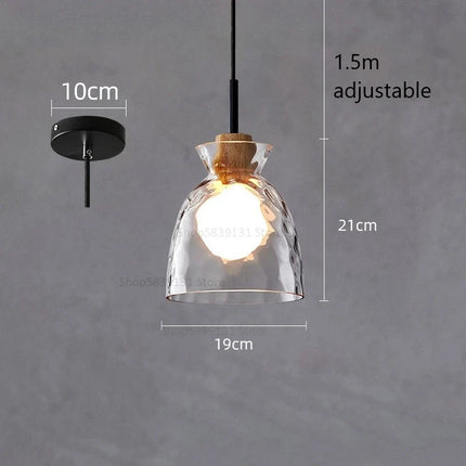 Suspension LED en verre grain d'eau et bois style nordique rétro — LZ4X9P