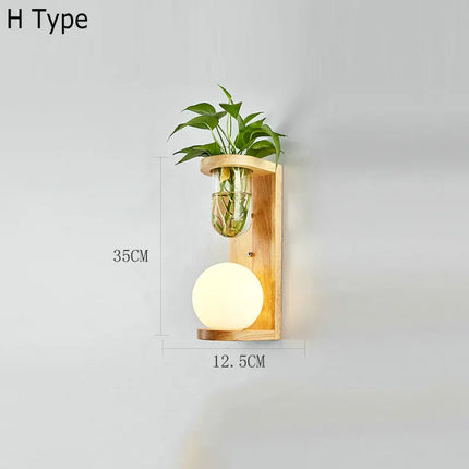 Applique murale nordique en bois avec abat-jour verre et LED plante verte — LZ4X9T1