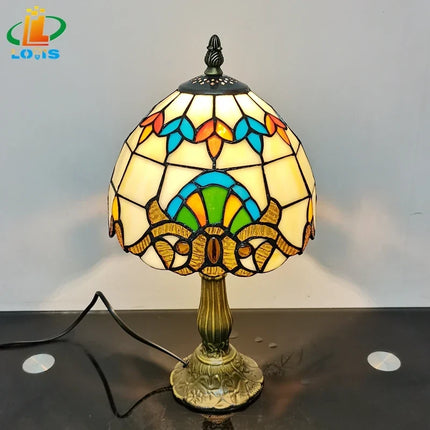 Lampe de chevet baroque en verre Tiffany et métal ancien — LZ4G7M9
