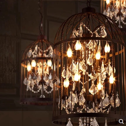 Lustre vintage américain en fer avec cage à oiseaux et cristaux — LZ7XQ2
