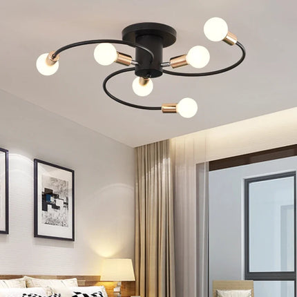 Plafonnier vintage 6 têtes en fer noir, blanc et doré rétro — LZQ7M2