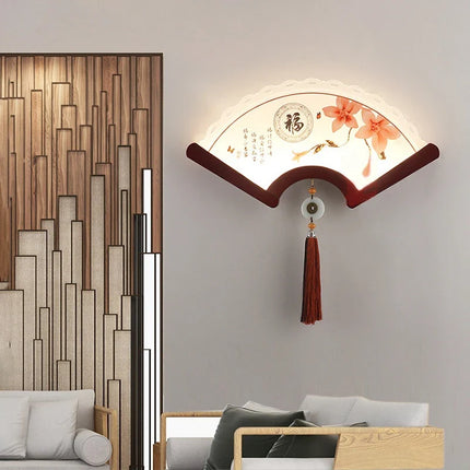 Applique murale en bois LED style éventail rétro asiatique décoratif — LZ4XJ9