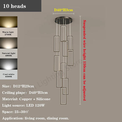 Lustre LED rectangulaire moderne en cuivre pour escalier et loft — LZ4X9P