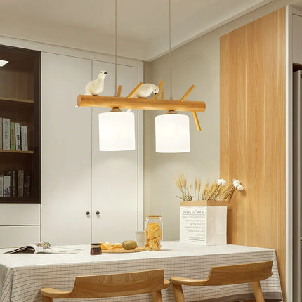 Lustre nordique en bois avec éclairage en verre oiseaux 2 ou 3 têtes — LZ4X9P