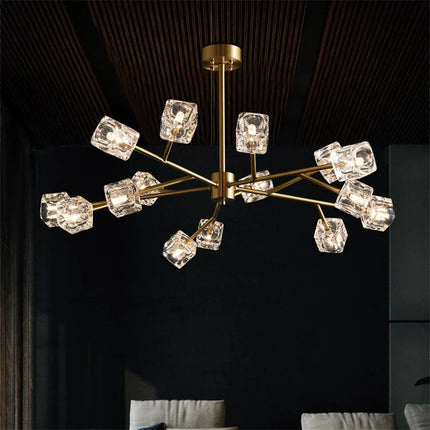 Lustre LED cube en verre glacé cuivre doré style industriel nordique — LZ4X9P2