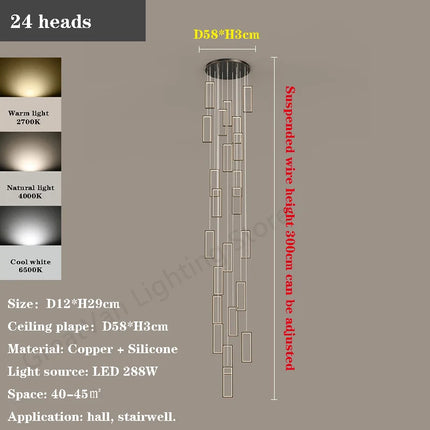 Lustre LED rectangulaire moderne en cuivre pour escalier et loft — LZ4X9P
