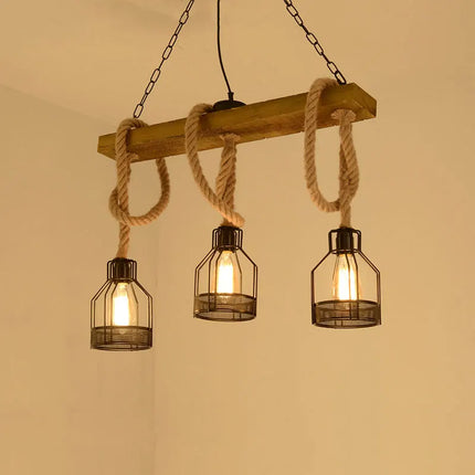Lustre industriel à 3 têtes en bois et corde de chanvre — LZ4X9M