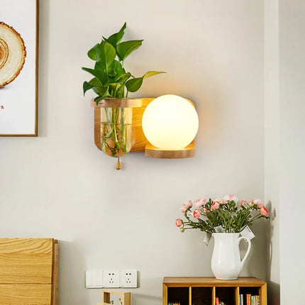 Applique murale nordique en bois avec abat-jour verre et LED plante verte — LZ4X9T1