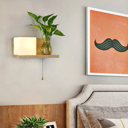 Applique murale nordique en bois avec abat-jour verre et LED plante verte — LZ4X9T1