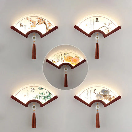 Applique murale en bois LED style éventail rétro asiatique décoratif — LZ4XJ9