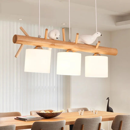 Lustre nordique en bois avec éclairage en verre oiseaux 2 ou 3 têtes — LZ4X9P