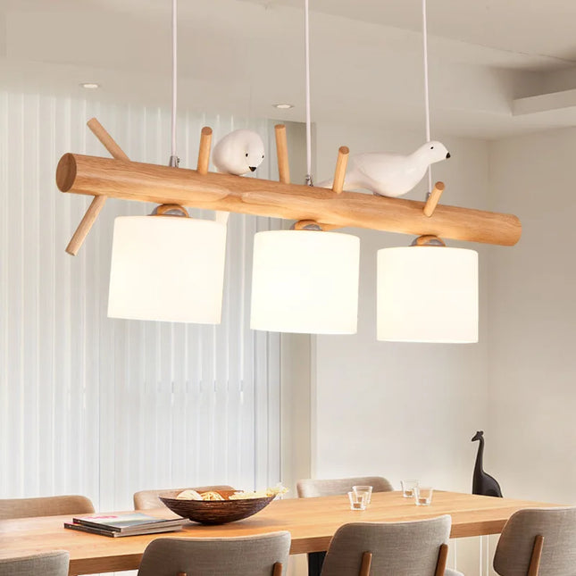Lustre nordique en bois avec éclairage en verre oiseaux 2 ou 3 têtes — LZ4X9P