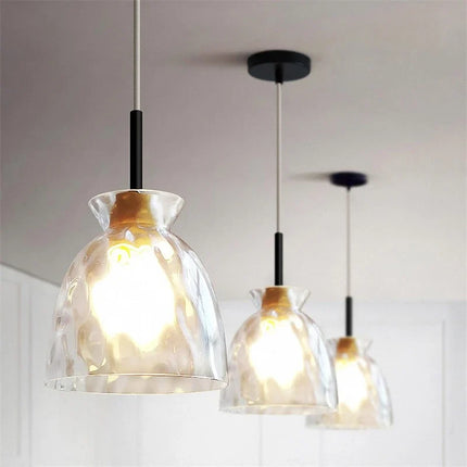 Suspension LED en verre grain d'eau et bois style nordique rétro — LZ4X9P