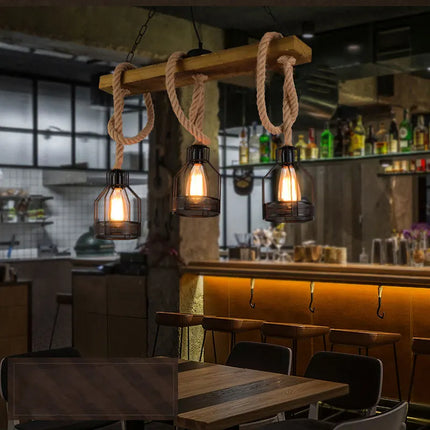 Lustre industriel à 3 têtes en bois et corde de chanvre — LZ4X9M