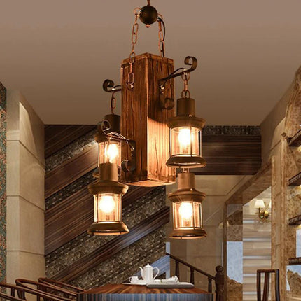 Suspension industrielle en bois avec abat-jour en verre décoratif — LZ4X9Q2