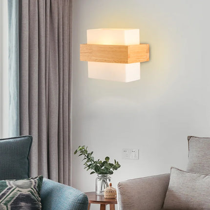 Applique murale nordique en bois avec abat-jour verre et LED plante verte — LZ4X9T1
