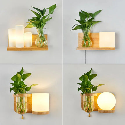Applique murale nordique en bois avec abat-jour verre et LED plante verte — LZ4X9T1